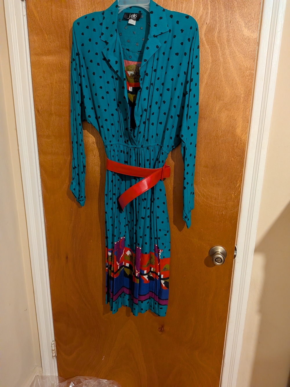 Premier Designs Green Polka Dot Long-Sleeve Dress with Red Belt